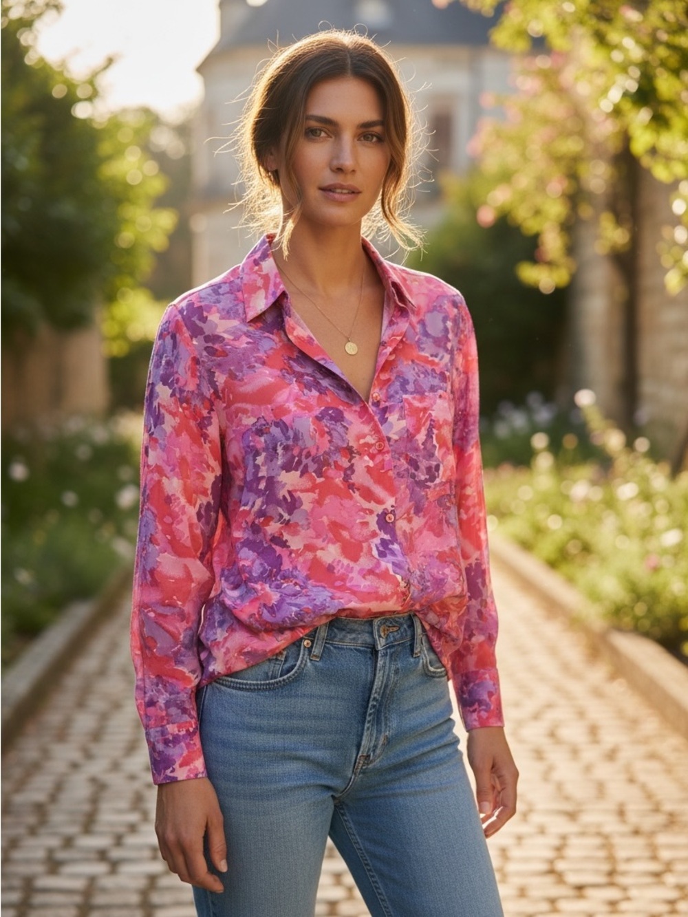 Vintage Silk Lightweight 90’s Bright Colorful Abstract Floral Button Down Blouse